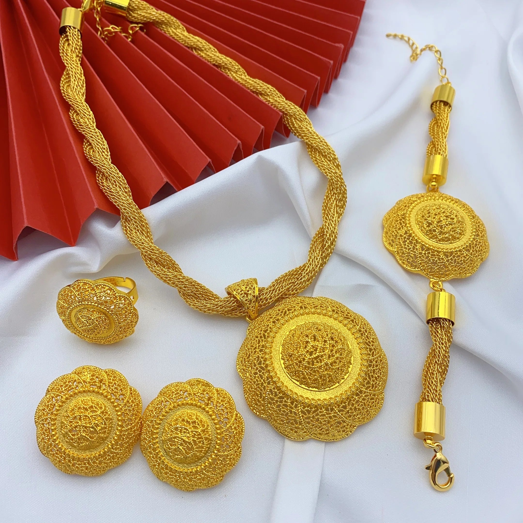 Luxury Ethiopian Round Necklace And Earrings Jewelry Sets For Women Dubai Indian Bridal 24k Gold Color Set Wedding Party Gifts