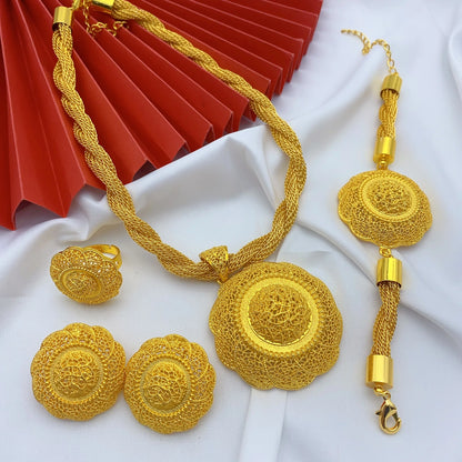 Luxury Ethiopian Round Necklace And Earrings Jewelry Sets For Women Dubai Indian Bridal 24k Gold Color Set Wedding Party Gifts