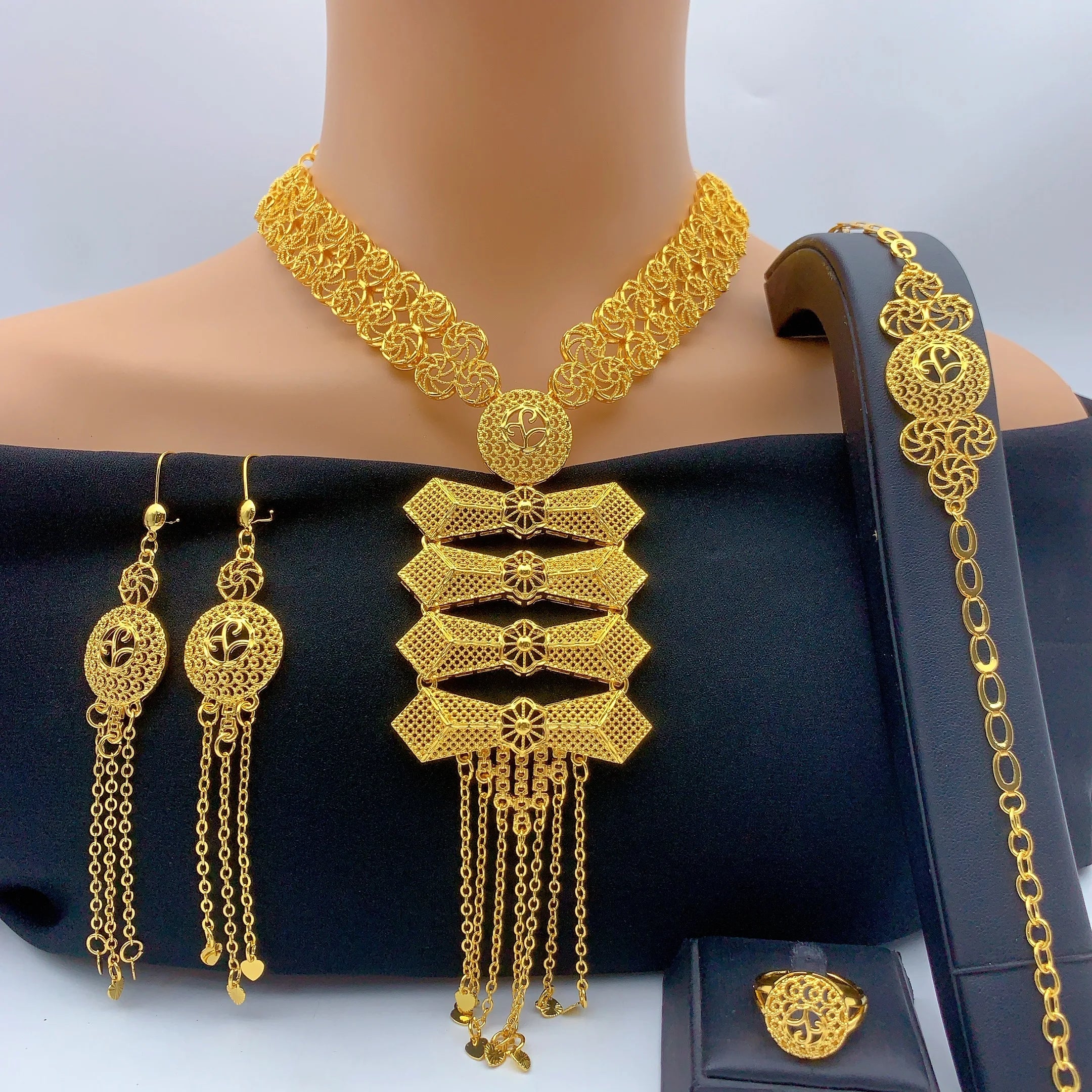 Ethiopian 24K Gold Color Jewelry Set For Women Bridal Dubai Nigerian Long Tassel Necklace Bracelet Earring Ring Sets Party Gift