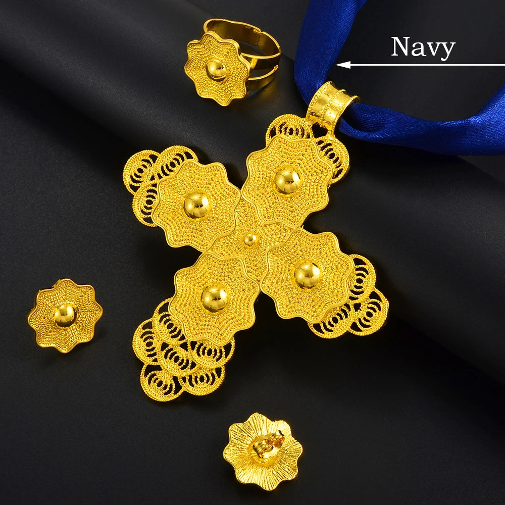 Ethiopian Large Pendant Necklaces Earrings Ring Gold Color Jewelry sets African Eritrean Traditional Ethnic Goods