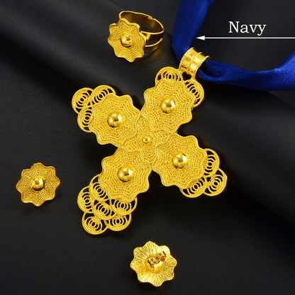 Ethiopian Large Pendant Necklaces Earrings Ring Gold Color Jewelry sets African Eritrean Traditional Ethnic Goods