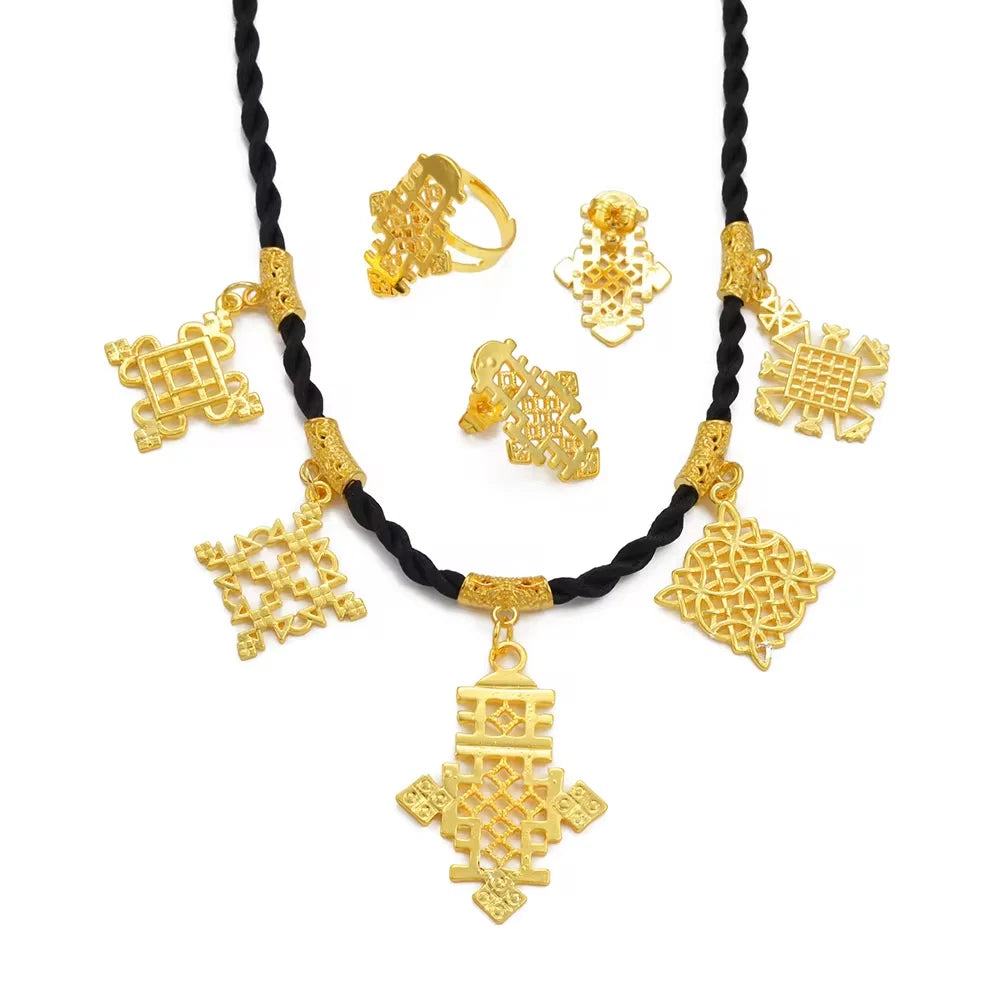 Ethiopian Cross Pendant Black Rope Earrings Ring Sets African Eritrean Religion Wedding Party