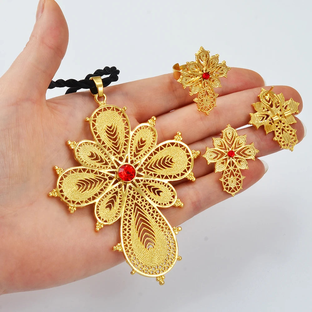 Ethiopian Jewelry sets Cross Pendant Necklaces Earrings Rings Silver/Gold Color African Eritrean Habesha Wedding