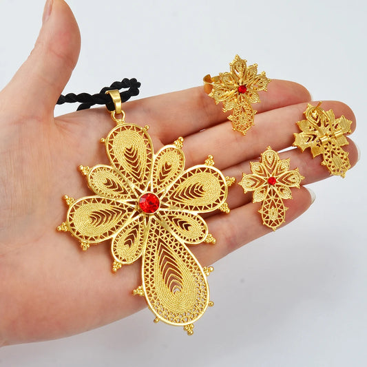 Ethiopian Jewelry sets Cross Pendant Necklaces Earrings Rings Silver/Gold Color African Eritrean Habesha Wedding