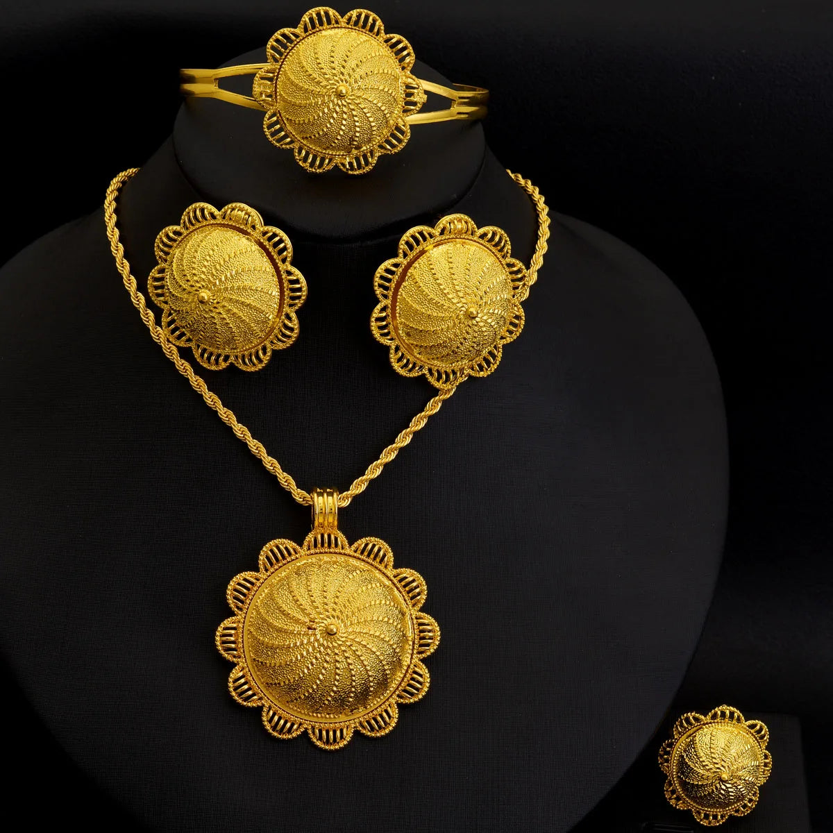 Ethiopian Classic Gold Color Women Jewelry Set Pendan Ring Earrings Bangle Head Chain Hairpin Africa Bridal Wedding Gift
