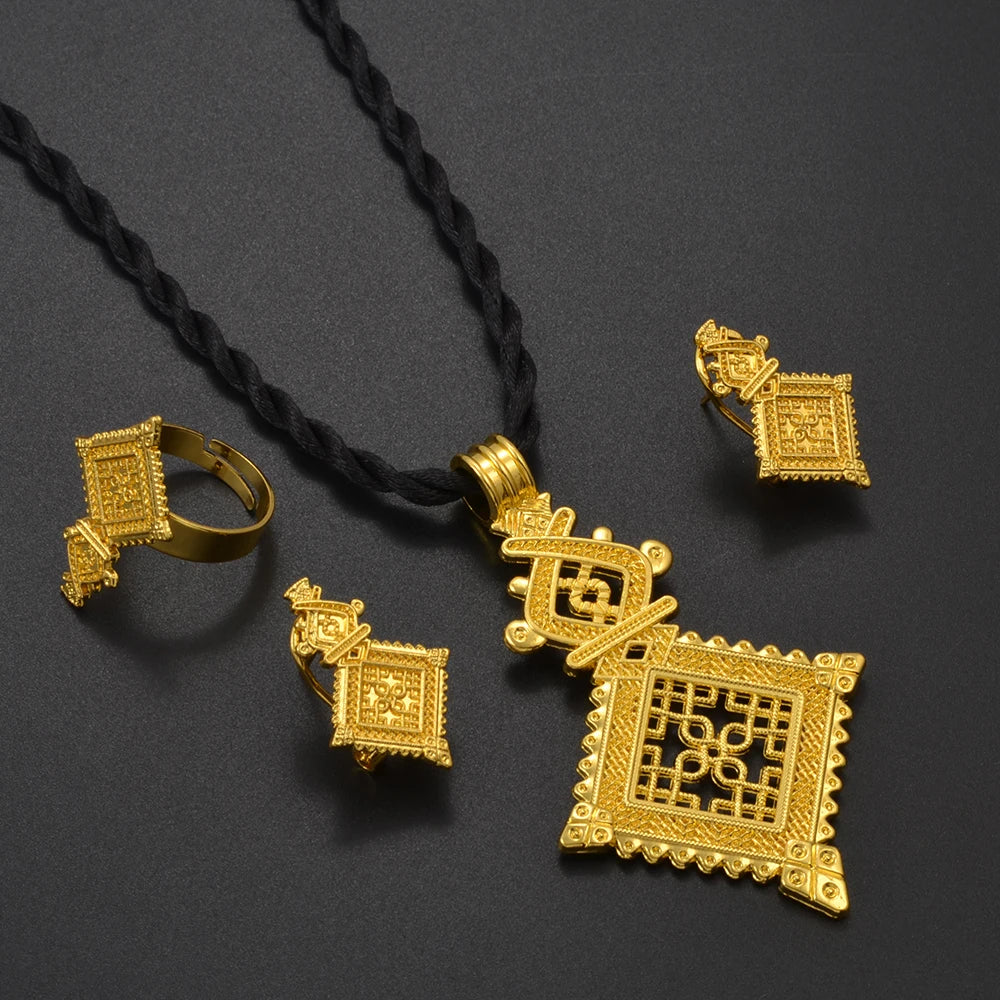 Ethiopian Traditiona Cross Pendant Black Rope Earrings Ring Jewelry Sets African Eritrean Religion Wedding Gifts