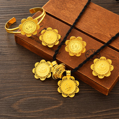 Gold Plated Double Pendant Jewelry Set Necklace/Earring/Ring/Bracelet Sets Ethiopia Africa Wedding Bride Woman Gift