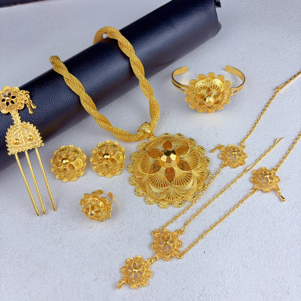 Dubai Ethiopian Twisted Necklace Sets For Women 6pcs Wedding Gold Plated African Jewelry Set Indian Jewellery Anniversary Gifts