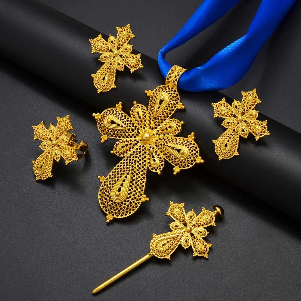 Ethiopian Cross Jewelry sets Silver/Gold Color Necklaces Earrings Ring Hairpin Eritrean African Ethnic Wedding