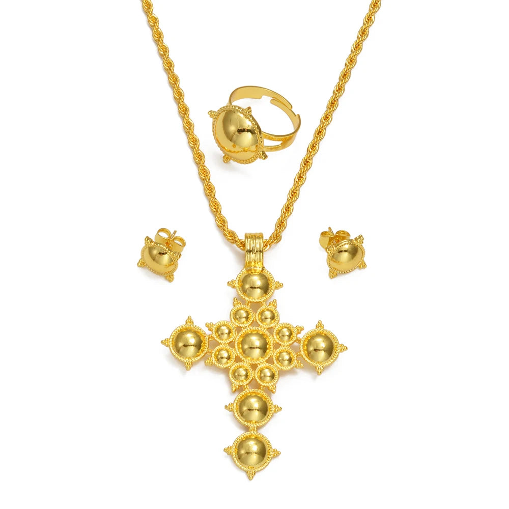 Ethiopian Cross Necklace Earrings Rings African Party Jewelry Set Women  Eritrean Habesha Accessories