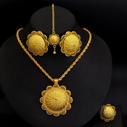 Ethiopian Classic Gold Color Women Jewelry Set Pendan Ring Earrings Bangle Head Chain Hairpin Africa Bridal Wedding Gift