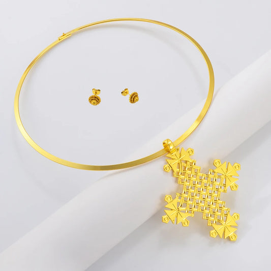 BIG Cross Collar Round Pendant & 1CM Small Earrings Choker Ethiopia Birthday Jewelry sets Africa Eritrean Habesha