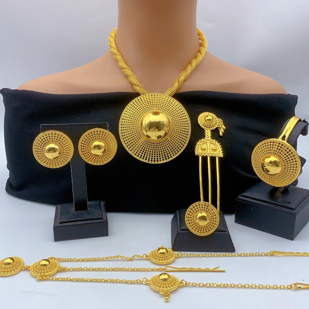 Ethiopian 24k Plated Gold 6PCS Jewelry Set For Woman's African Indian Big Pendant Necklace Wedding Engagement Gifts