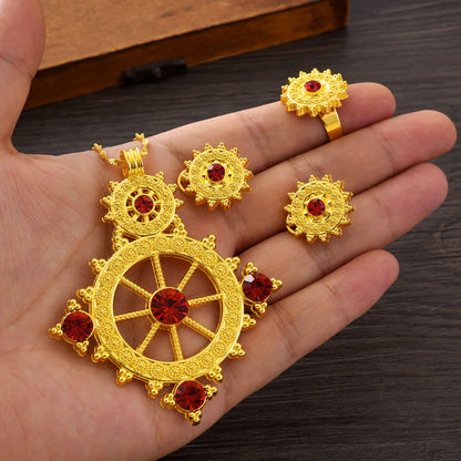 Dubai Africa Golden Color Cool and Fashion Jewelry Set Rudder Design Pendant Earrings Ring Ethiopian Bridal Wedding Gift
