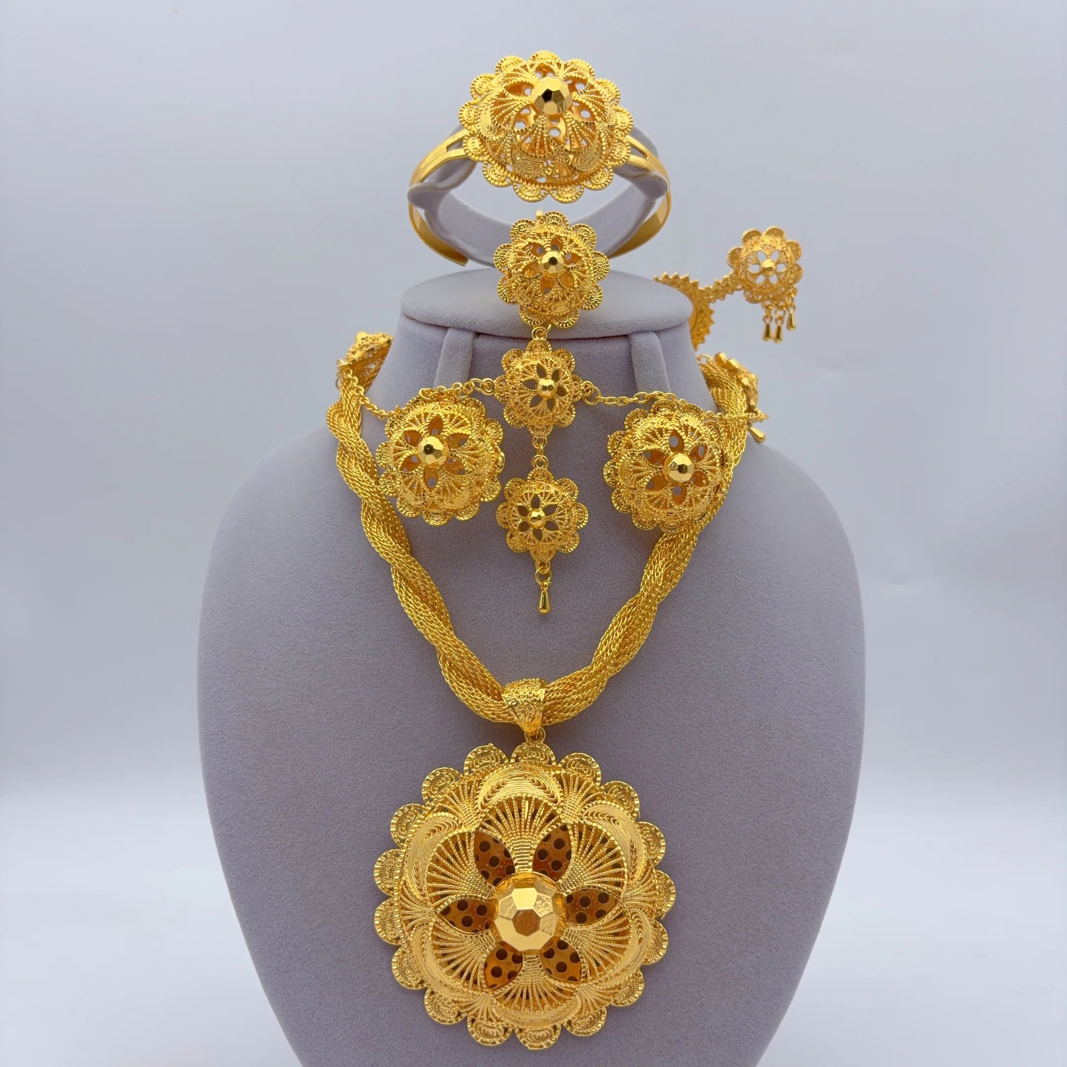 Dubai Ethiopian Twisted Necklace Sets For Women 6pcs Wedding Gold Plated African Jewelry Set Indian Jewellery Anniversary Gifts