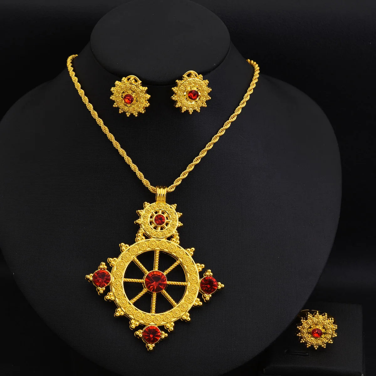 Dubai Africa Golden Color Cool and Fashion Jewelry Set Rudder Design Pendant Earrings Ring Ethiopian Bridal Wedding Gift