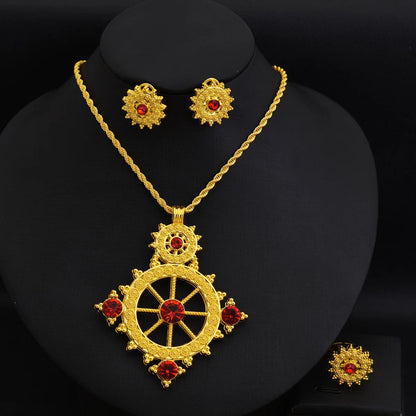 Dubai Africa Golden Color Cool and Fashion Jewelry Set Rudder Design Pendant Earrings Ring Ethiopian Bridal Wedding Gift