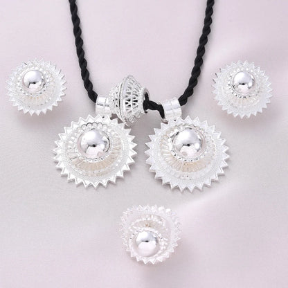 Silver Plated Fashion Ethiopian Big Size Earrings/2PCS Pendant/Ring Jewelry Set Silver Plate Africa Bride Wedding Eritrea  Gift