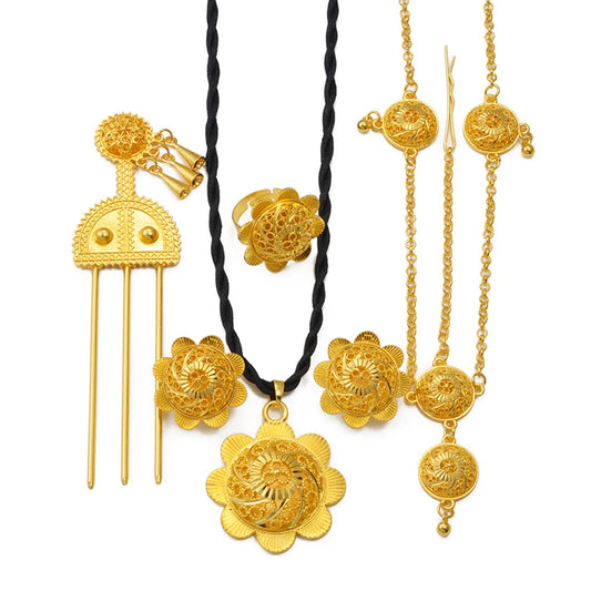 Ethiopian Ethnic Wedding Jewelry Sets Eritrean Habesha African Necklaces Earrings Ring Hairpin Forehead-chain