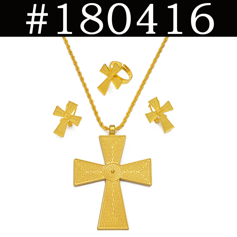 African Ethiopian Cross Jewelry Sets for Women Gold Color Necklaces Earrings Rings