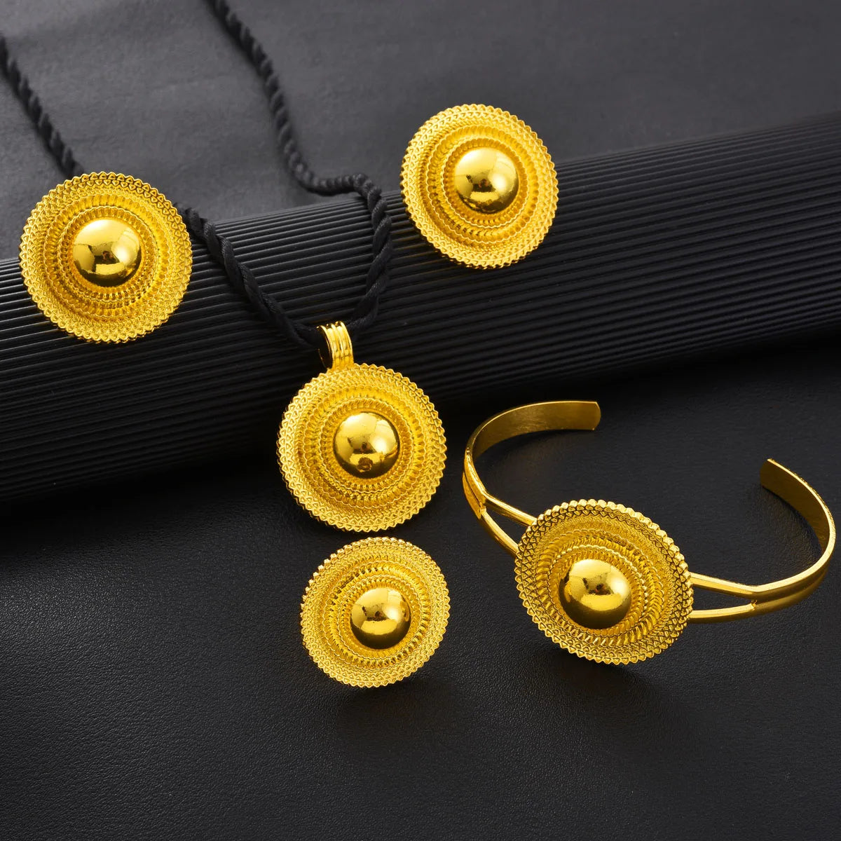 Africa Gold Color Round Geometry Jewelry Set Dubai Pendant Necklace Ring Earrings Arab Ethiopian Bride Wedding Party Gifts