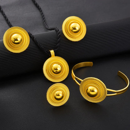 Africa Gold Color Round Geometry Jewelry Set Dubai Pendant Necklace Ring Earrings Arab Ethiopian Bride Wedding Party Gifts