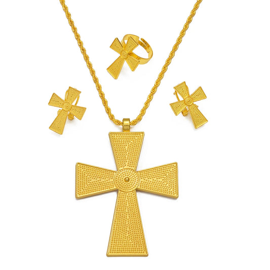 African Ethiopian Cross Jewelry Sets for Women Gold Color Necklaces Earrings Rings