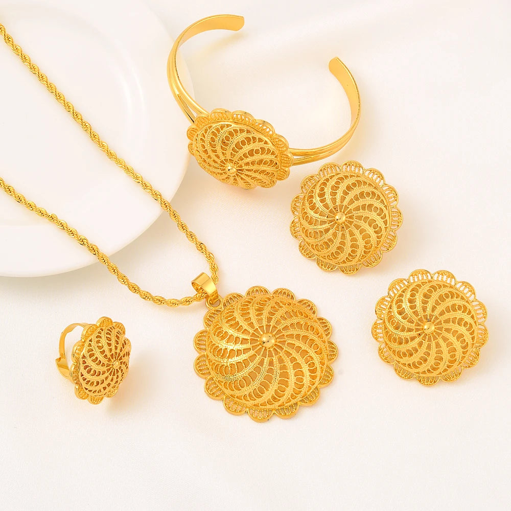 Gold Plated Fashion Ethiopian Big Size Earrings/Pendant/Ring Jewelry Sets Gold Plate Africa Bride Wedding Eritrea Set Gift