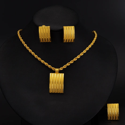 Ethiopian Gold Classic Simple Jewelry Set Geometric Square Pendant Earrings Rings African Brides Wedding Party Gifts
