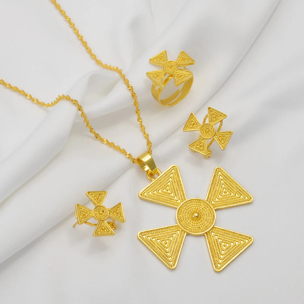 Ethiopian Jewelry Sets for Women Pendant Necklaces Earrings Ring Gold Color Eritrean Ornaments