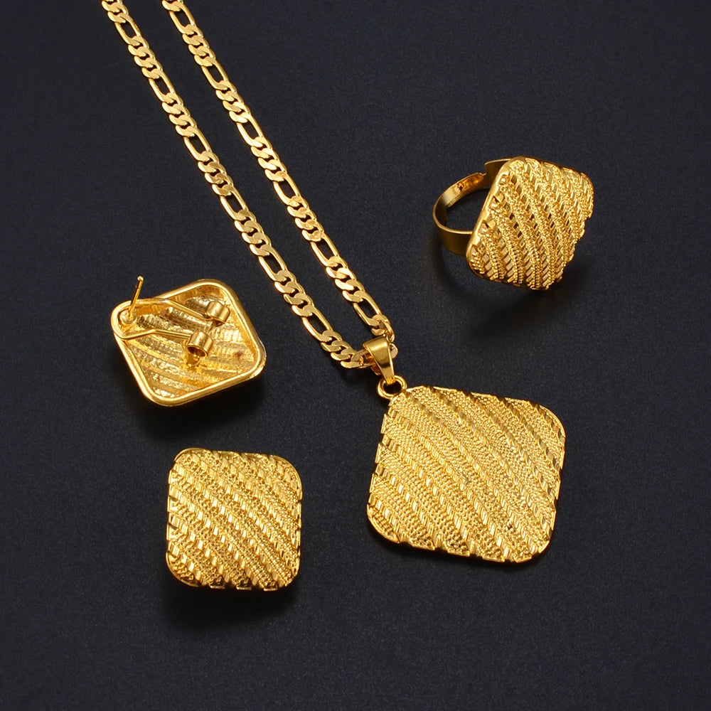 Square Heart Ethiopian Jewelry Set Pendant Necklaces Earrings Rings African Eritrean Habesha Dubai Weeding Gifts