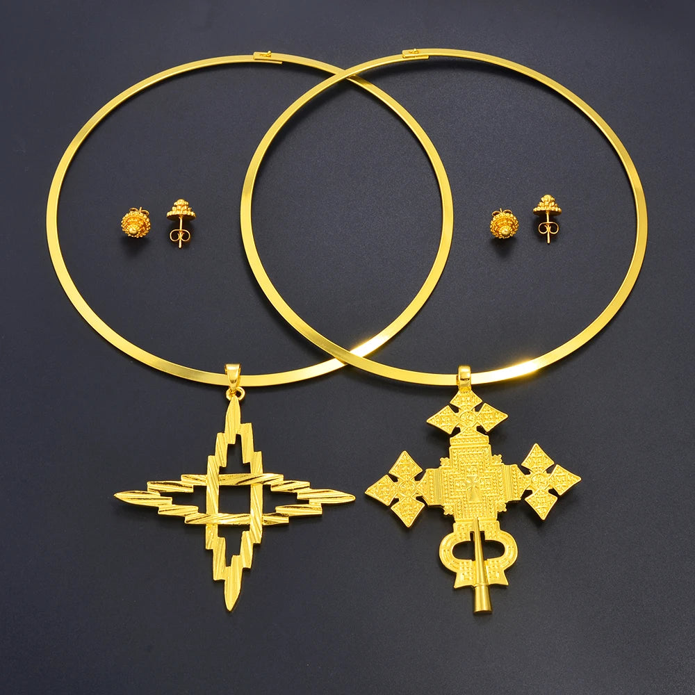 BIG SIZE PENDANT Chokers Collar and 1CM Small Earrings Ethiopian Jewelry sets Eritrean African Habesha