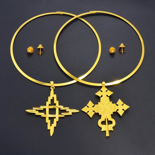 BIG SIZE PENDANT Chokers Collar and 1CM Small Earrings Ethiopian Jewelry sets Eritrean African Habesha