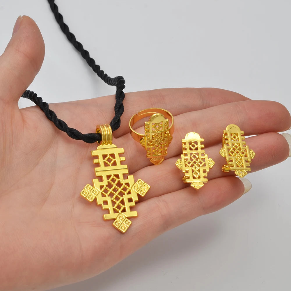 Ethiopian New Year Jewelry Sets Cross Necklaces Earrings Rings Eritrean Africa Bridal Christmas Day Party Gifts