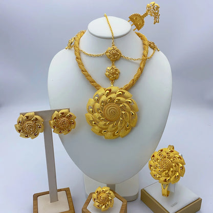 Ethiopian 24k Plated Gold 6PCS Jewelry Set For Woman's African Indian Big Pendant Necklace Wedding Engagement Gifts