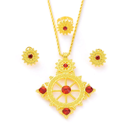 Dubai Africa Golden Color Cool and Fashion Jewelry Set Rudder Design Pendant Earrings Ring Ethiopian Bridal Wedding Gift