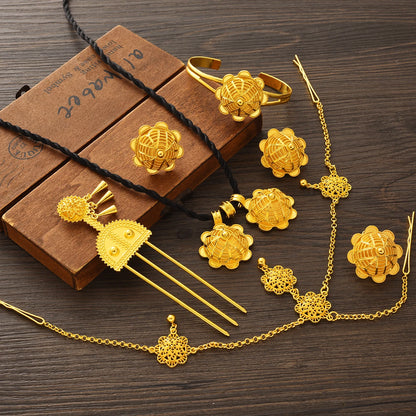 Ethiopian Gold Plated Jewelry sets Necklaces Earrings Ring Bracelet Hairpins Head Chains African Eritrean Weeding Holiday Gift