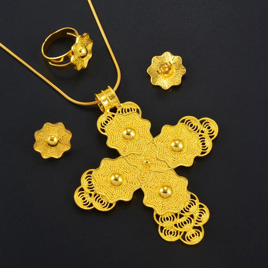 Ethiopian Large Pendant Necklaces Earrings Ring Gold Color Jewelry sets African Eritrean Traditional Ethnic Goods