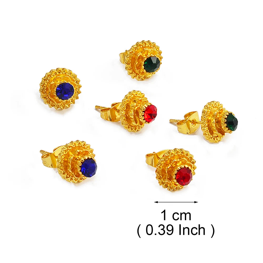 Ethiopian Small Round & Cross Stud Earrings Women  Eritrean Jewelry African Little Ear Studs With Rhinestone