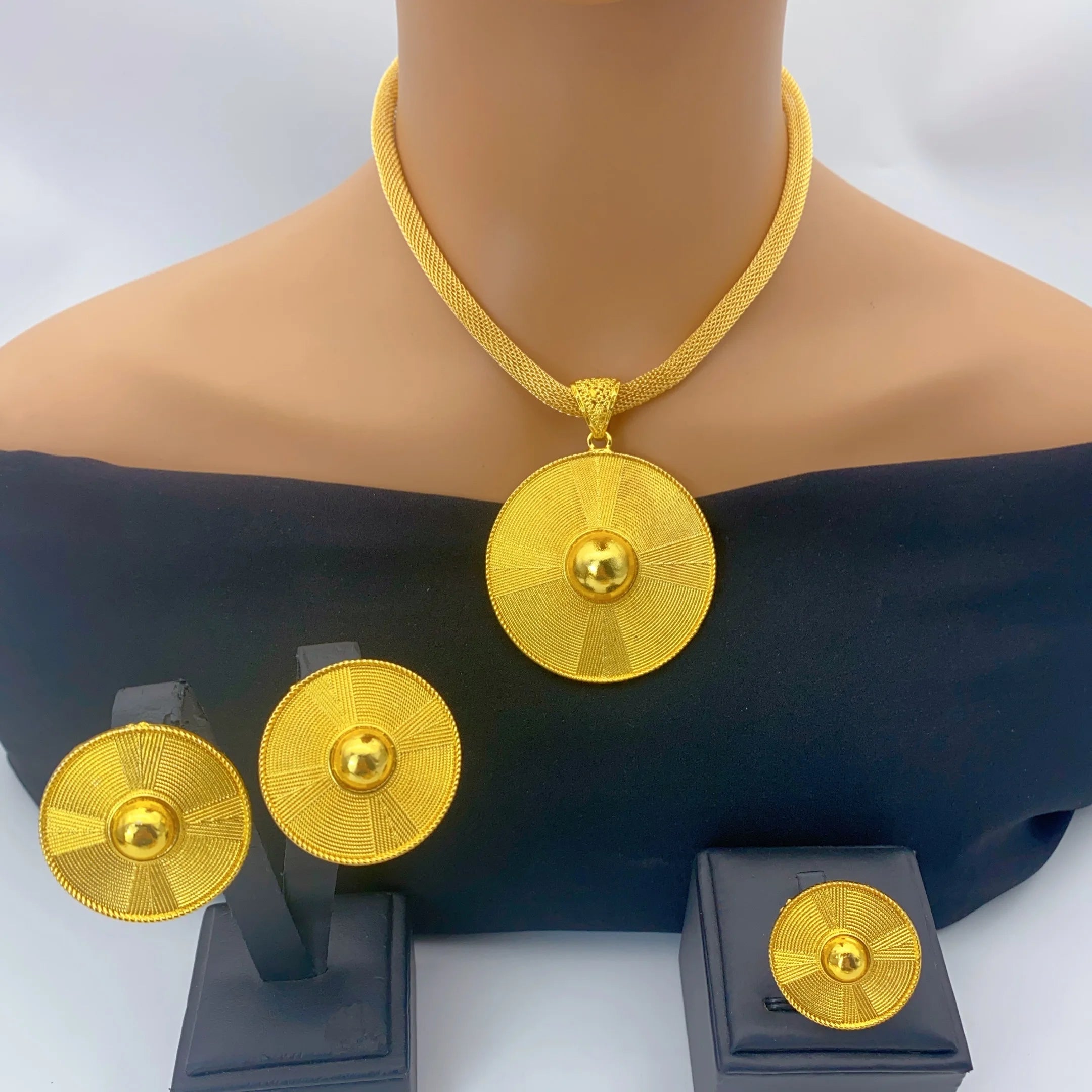 ANIID Luxury Dubai 24k Gold Plated Round Necklace And Earrings Sets For Women Ethiopian Indian Bridal Jewelry Set Wedding