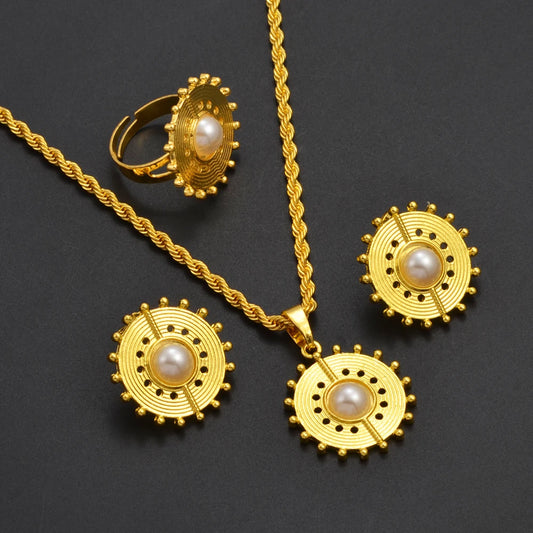 Ethiopian Eritrea Round Jewelry Sets With Pearl Necklace Earrings Rings for Women  African Brides Accessories
