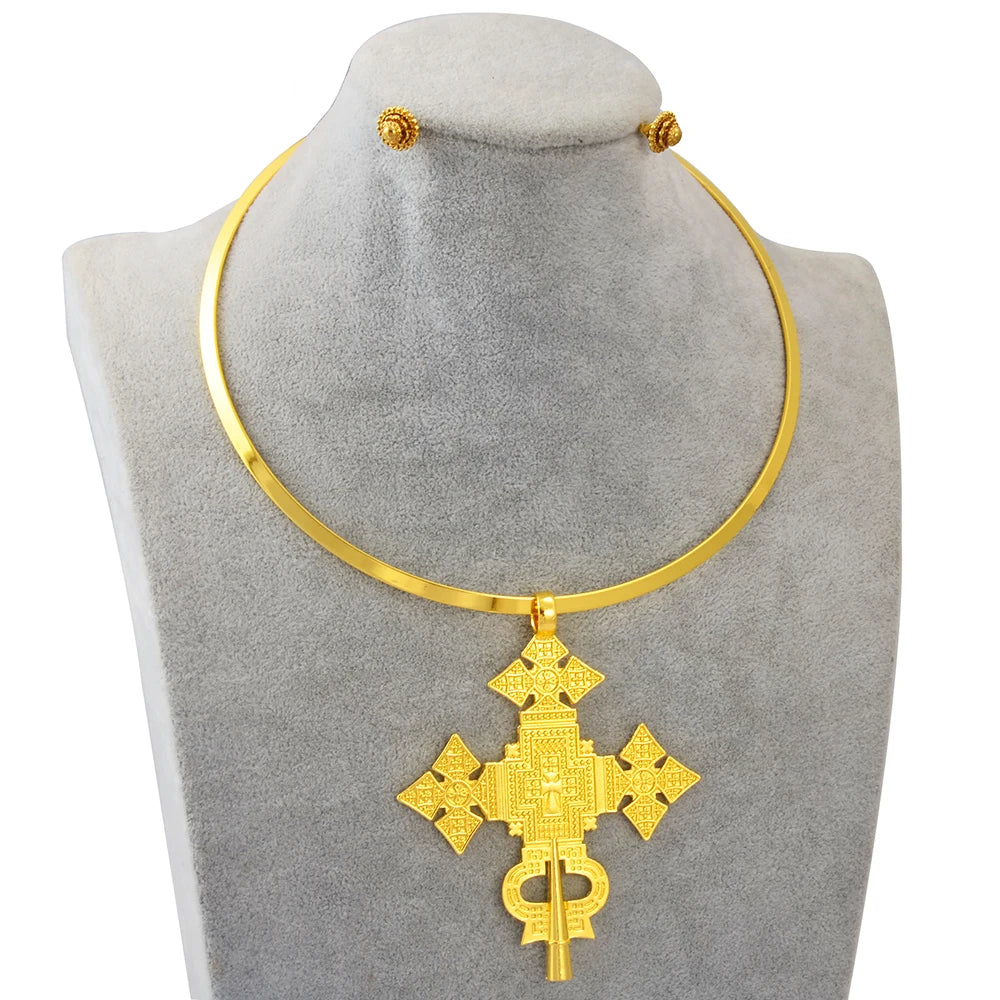 BIG SIZE PENDANT Chokers Collar and 1CM Small Earrings Ethiopian Jewelry sets Eritrean African Habesha