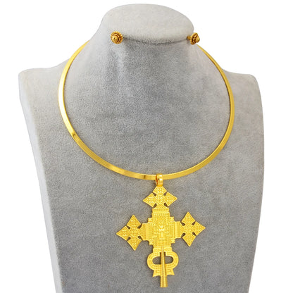 BIG SIZE PENDANT Chokers Collar and 1CM Small Earrings Ethiopian Jewelry sets Eritrean African Habesha