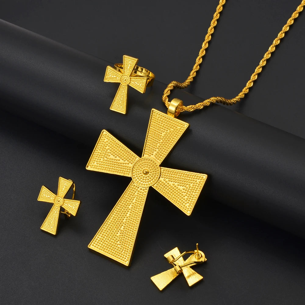 African Ethiopian Cross Jewelry Sets for Women Gold Color Necklaces Earrings Rings