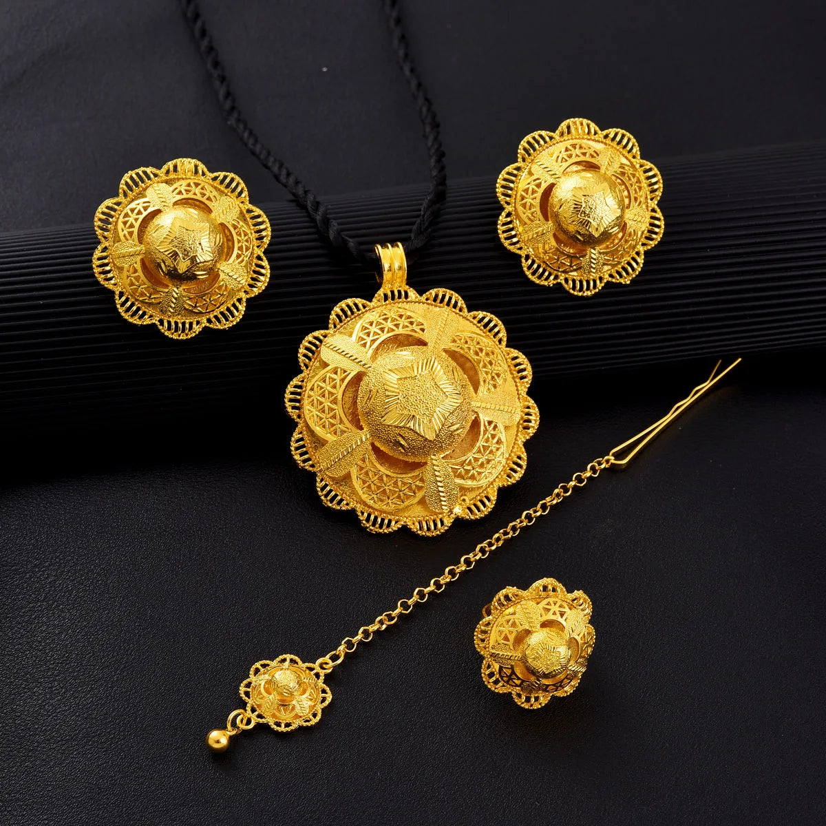 4-piece African Arab Luxury Jewelry Set Golden Color Star Pattern Pendant Ring Earring Head Chain Ethiopian Bride Wedding Gift