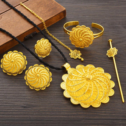 Ethiopian Gold Color Jewelry Sets Big Pendant Necklace Earrings Bracelet Rings  Gift Bride Wedding Party