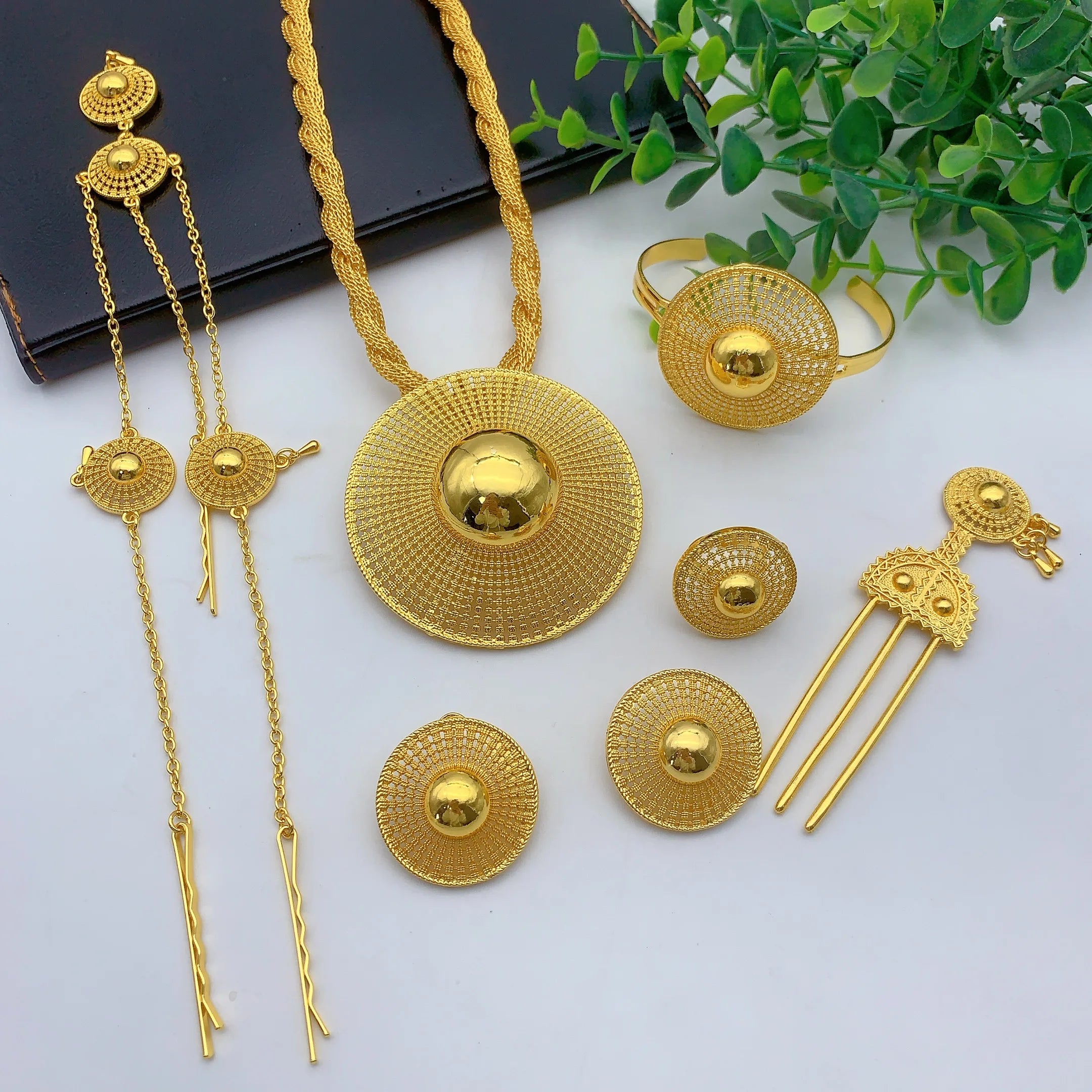 Ethiopian 24k Plated Gold 6PCS Jewelry Set For Woman's African Indian Big Pendant Necklace Wedding Engagement Gifts