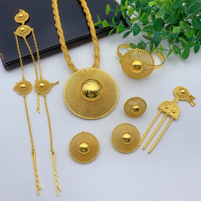 Ethiopian 24k Plated Gold 6PCS Jewelry Set For Woman's African Indian Big Pendant Necklace Wedding Engagement Gifts