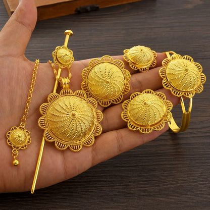 Ethiopian Classic Gold Color Women Jewelry Set Pendan Ring Earrings Bangle Head Chain Hairpin Africa Bridal Wedding Gift