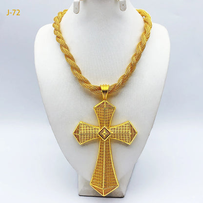 Ethiopian Cross Pendant Twisted Chain for Women Man African Wedding Party Gold Color Eritrea Jewelry Cross Gift